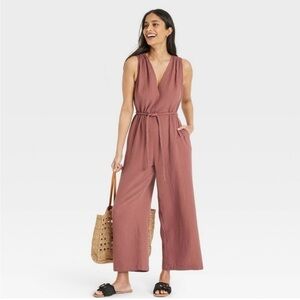 Universal Thread Rusty Brown Mauve Gauzy Tie Waist Sleeveless Jumpsuit. Sz Small